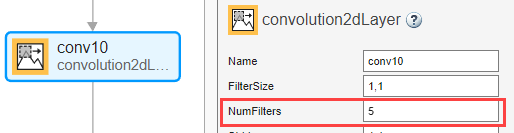 在深度网络设计器中选择卷积二维层。FilterSize设置为1,1,NumFilters设置为5。