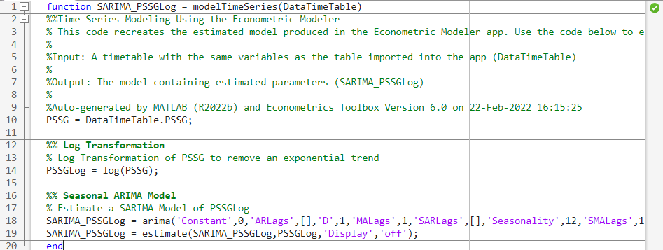 的屏幕截图modelTimeSeries代码使用SARIMA_PSSGLog估计模型