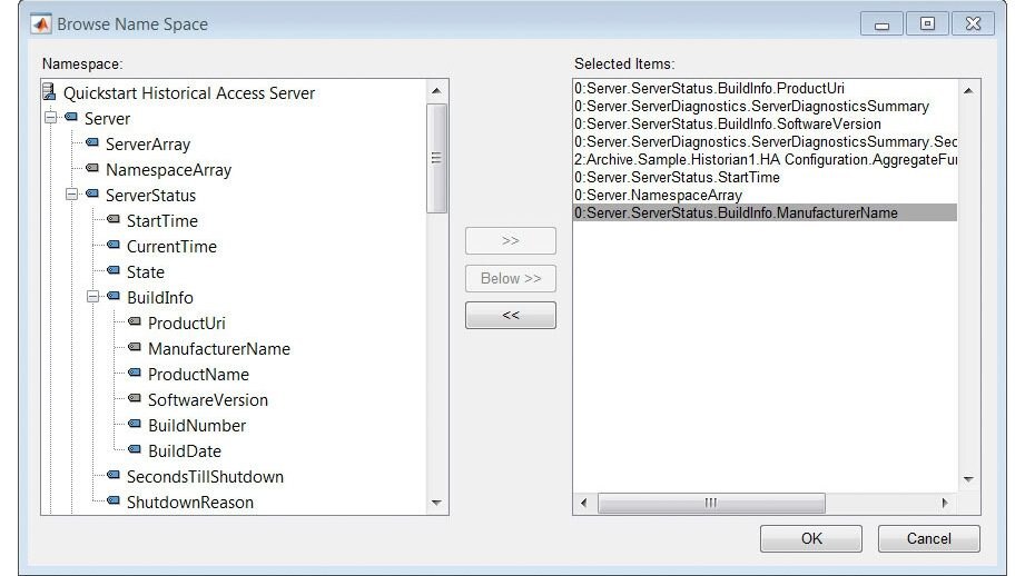 使用浏览名称空间工具查找服务器上可用的OPC节点。
