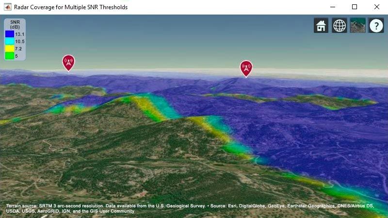 基于地形的地图显示两个雷达系统的组合目标覆盖区域。