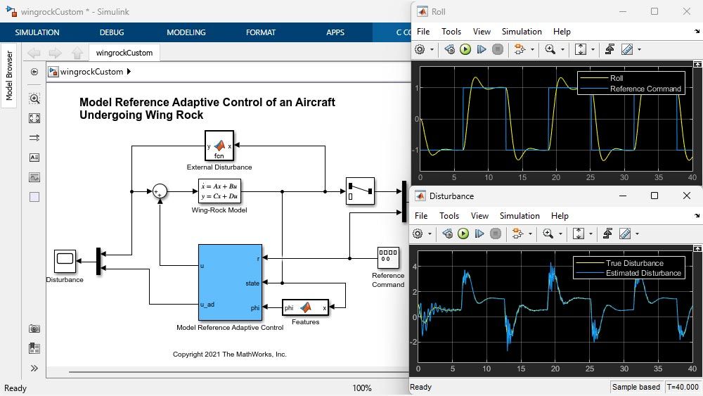 万博1manbetxSimulink模型和图显示模型参考自适应控制跟踪飞行员滚转命令。
