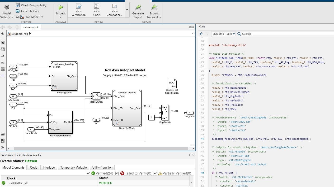 应用程序界面显示模型，其生成的代码和检查结果。