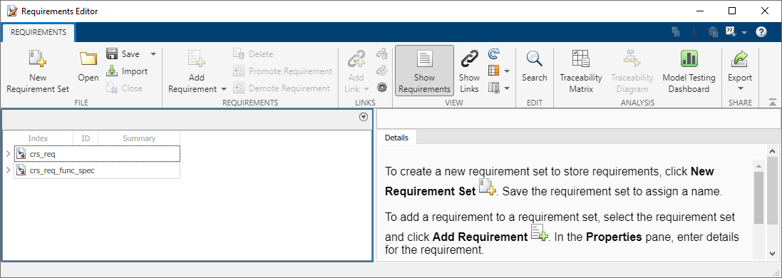 Requirements Editor with Show Requirements selected. The crs_req_func_spec and crs_req requirement sets are collapsed.