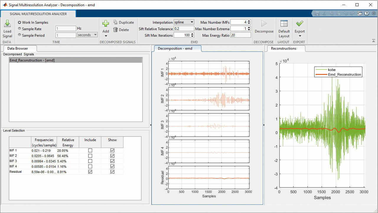 利用MATLAB中的信号多分辨率分析仪应用程序，对选定的分量进行地震信号分析和重建。