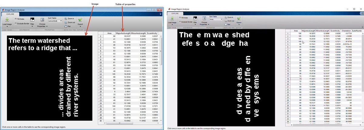 使用图像区域分析器应用程序基于区域属性（右）提取统计数据（左）和过滤图像。