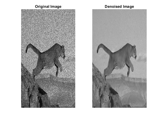 原始（左）和denoised（右）图像。使用小波去噪功能保持边缘的同时被剥离图像。