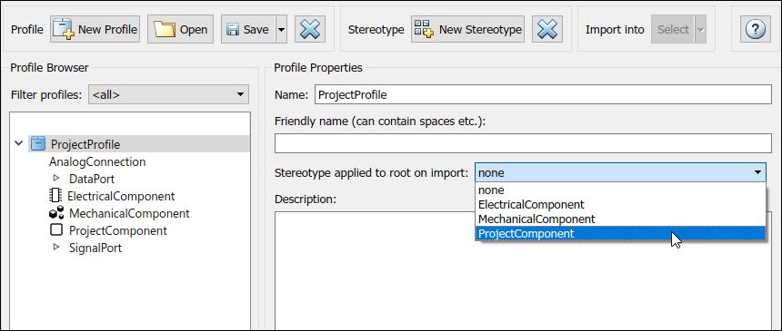 对于配置文件“项目配置文件”，使用配置文件属性部分选择“Stereotype applied to root on import”作为“项目组件”。