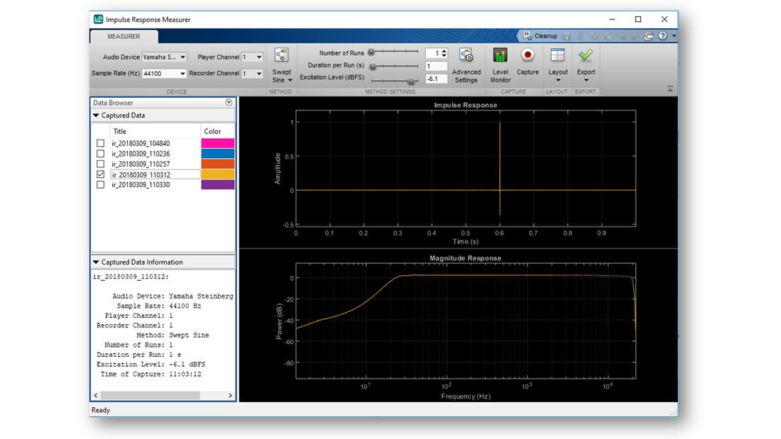 捕获脉冲响应测量器应用程序，显示时域和频域中的估计响应，其中包含可用于绘图的其他估计脉冲响应的菜单以及应用程序中可用的其他交互式控制。