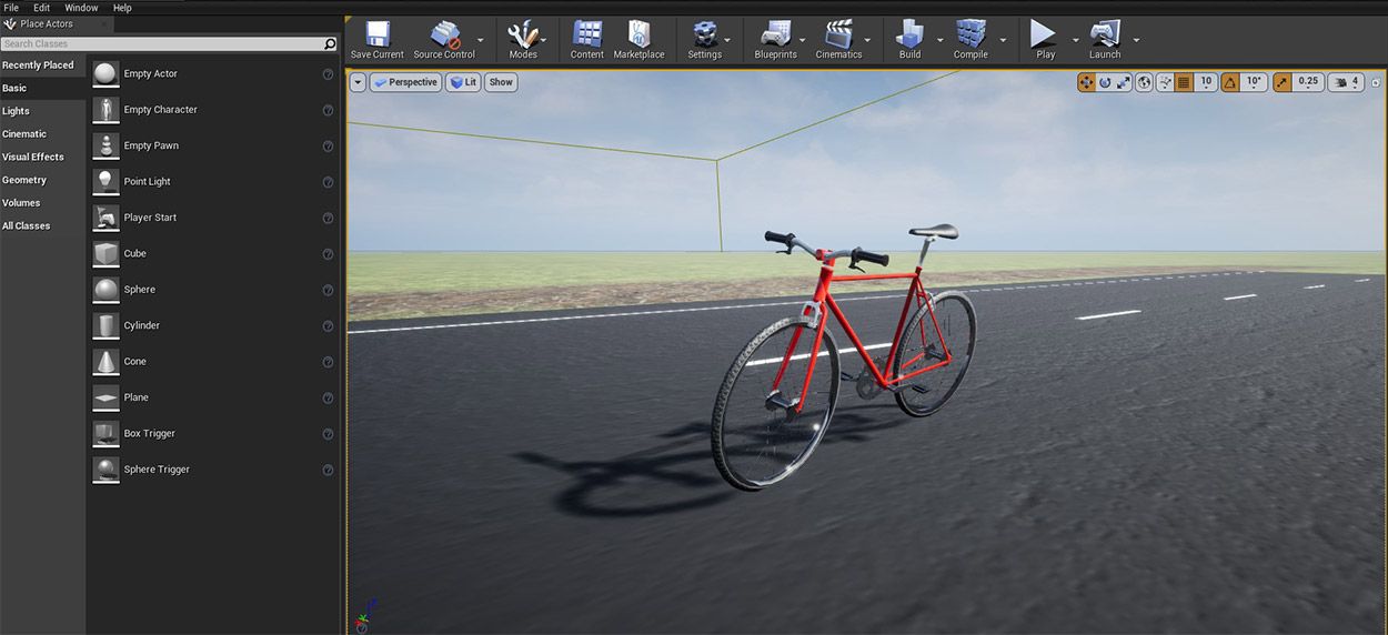 在虚幻编辑器中显示自行车的3D场景截图。