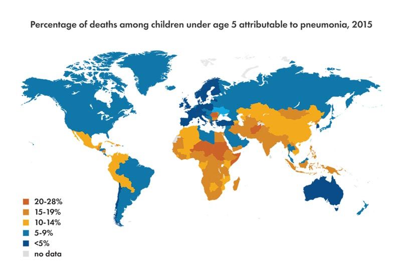一份全球地图显示了五岁以下儿童因肺炎死亡的百分比。