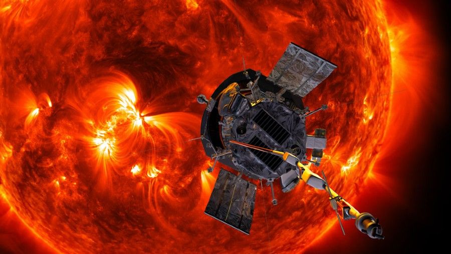图1所示。艺术家的表演的帕克太阳探测器接近太阳。图片由JHU APL。http://parkersolarprobe.jhuapl.edu/