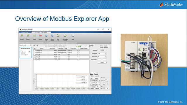 Modbus Explorer应用程序可以让你读写数据到任何Modbus设备，而无需编写MATLAB代码。配置Modbus通信，读写Modbus寄存器，查看寄存器数据的活图，生成MATLAB活脚本。