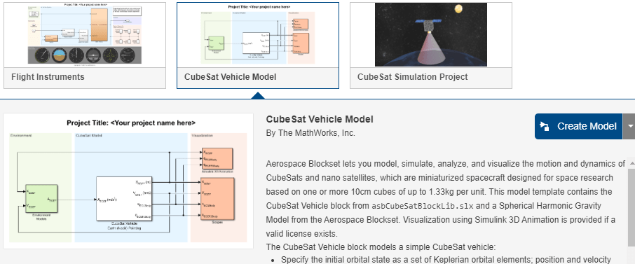 在Simulink开始页上的CubeSat项目和模型。万博1manbetx