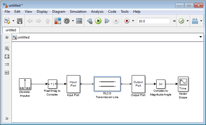 串联以下模块:离散脉冲，real - image到complex，输入端口，RLGC传输线，输出端口，complex到幅度角，矢量范围。