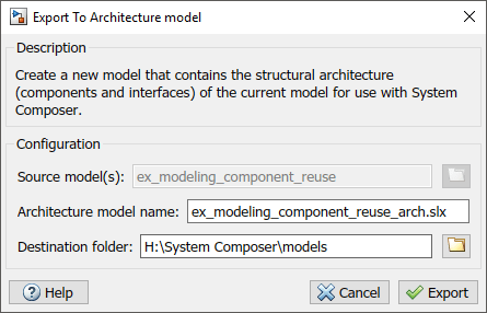 出口到体系结构模型对话框指定源模型、建筑模型的名字,和目标文件夹。选项取消和出口。