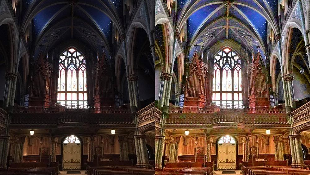 Ein lichtschwaches Bild aus dem Inneren einer Kirche lässt sich dabei durch Invertieren des Bildes und die anschließende Schleierentfernung verbessern。