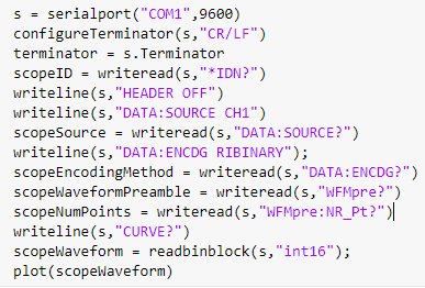 MATLAB代码显示如何使用SCPI命令通过串行连接从Tektronix示波器捕获数据