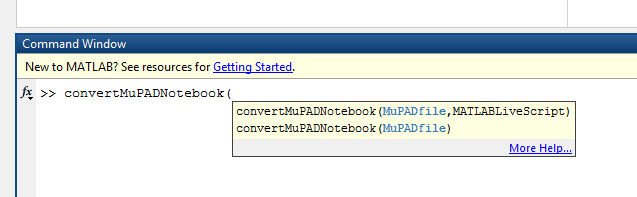 转换一个MuPAD笔记本（顶部，左侧）使用convertMuPADNotebook功能（下）现场脚本（上，右）。