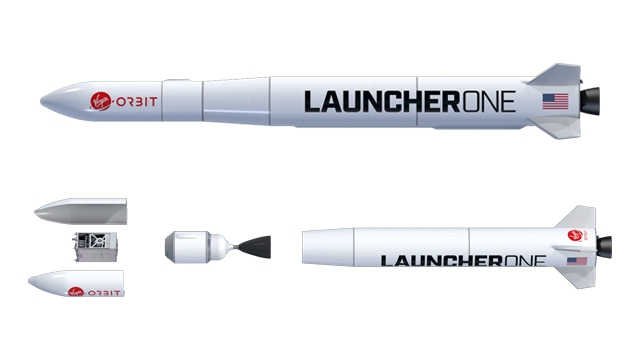 处女轨道LauncherOne汽车组装(上),与爆炸视图显示整流罩,有效载荷,第一和第二阶段(底部)。