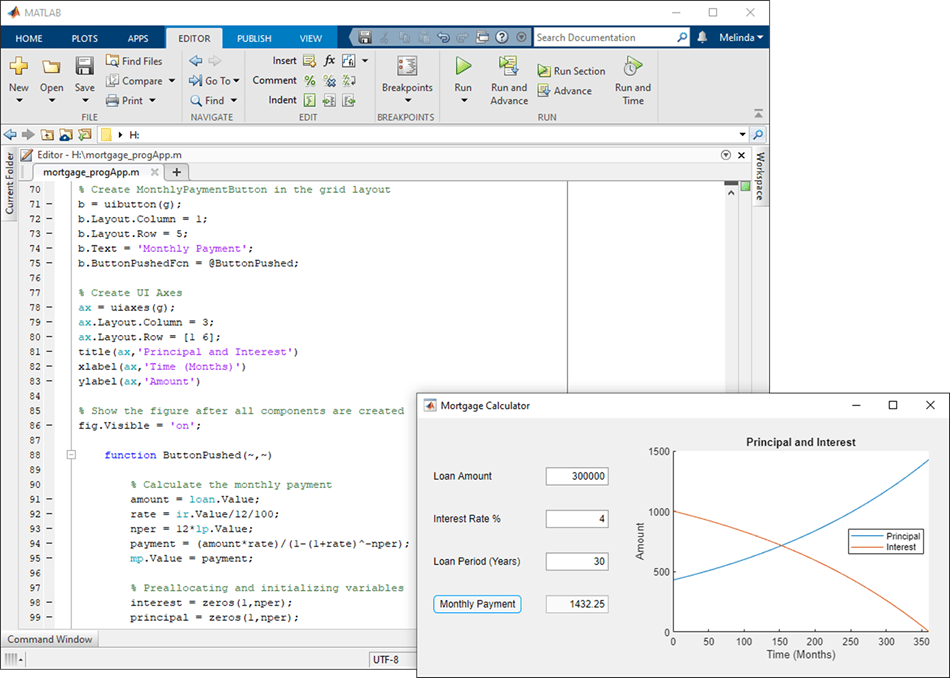 Code for a mortgage calculator app in the MATLAB Editor, and a UI figure window with the running app