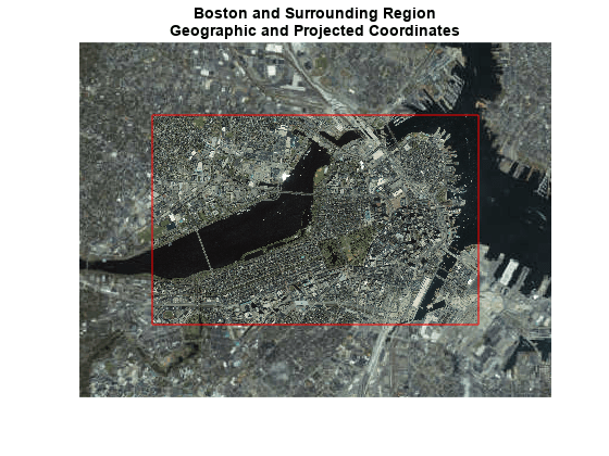 图包含一个坐标轴对象。坐标轴对象与标题波士顿和周边地区的地理和投影坐标包含11个对象类型片,表面上看,图像,文字。