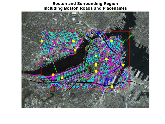 图包含一个坐标轴对象。坐标轴对象与标题波士顿和周边地区包括波士顿公路和地名包含2819行类型的对象,补丁,表面图像,文本。