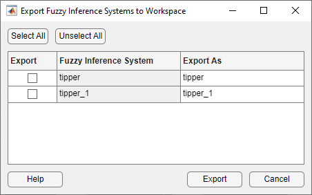模糊推理系统导出到工作区对话框两个FIS设计出口清单。表包含三列:出口左边复选框用于选择的设计,模糊推理系统在中间设计的名字,和出口在右边用默认变量名称匹配设计的名字。
