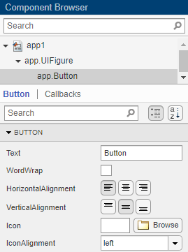 组件浏览器显示一个按钮组件的属性检查器。