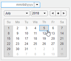 扩大日期选择器显示下拉菜单为月、年,和日历供你选择。它也有图标,日历视图切换到前一个月,当前日期,或者下个月。
