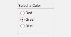 按钮组标记为“选择颜色”三个垂直堆叠单选按钮。从上到下,单选按钮标签为“红色”,“绿色”、“蓝色”。