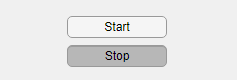 两个状态按钮垂直堆叠。顶部按钮“开始”的标签。它是浅灰色的颜色。底部的“停止”按钮是一个暗灰色。