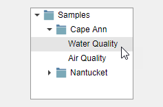 树的一个节点被称为“样本”扩展为显示其两个嵌套节点“安角”和“楠塔基特岛”。这三个节点显示了一个蓝色的文件图标左边的标签文本。“安角”节点也扩大到显示两个嵌套的节点称为“水质”和“空气质量”。
