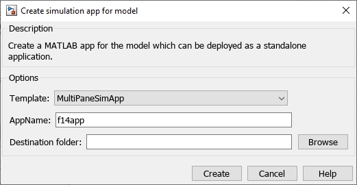 创建模拟应用模型对话框。选项包括模板,MultiPaneSimApp选中时,应用程序的名字,与f14app文本和目标文件夹有一个浏览按钮。