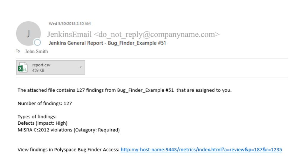 Envíode notificaciones por correo电泳one con los结果os de Polyspace Bug Finder。
