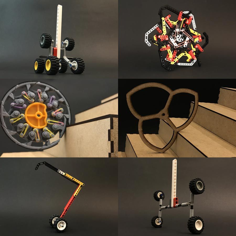 六个可以缩放楼梯的机器人的早期物理概念，显示用纸板或乐高引出的车轮和腿部的车轮和腿部的模型<sup>®块。