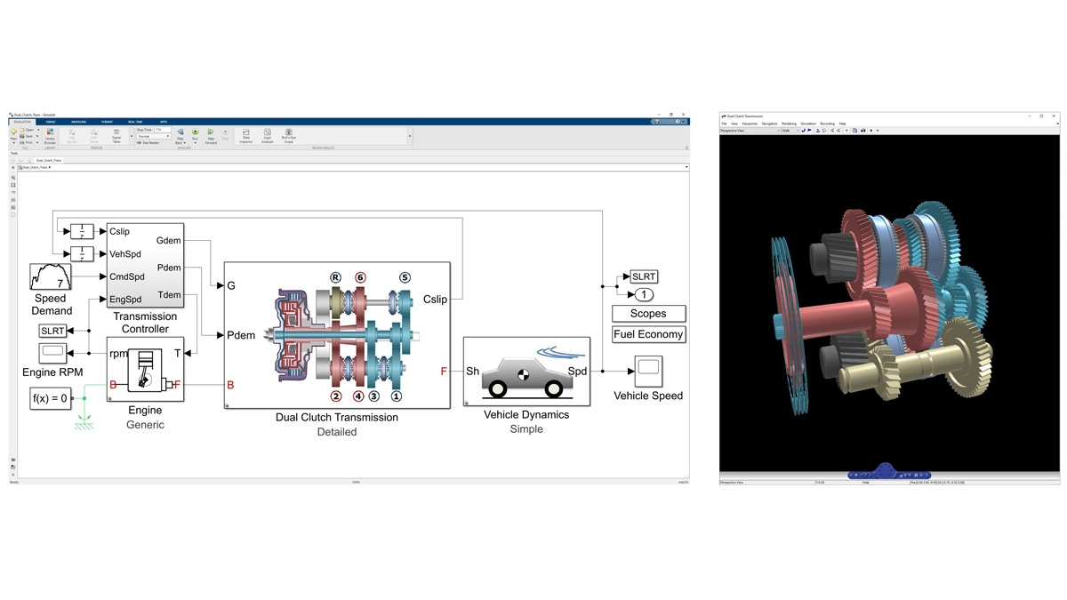 Animation 3D de la dynamique d'une transmission à double embrayage modélisée dans Simscape Driveline