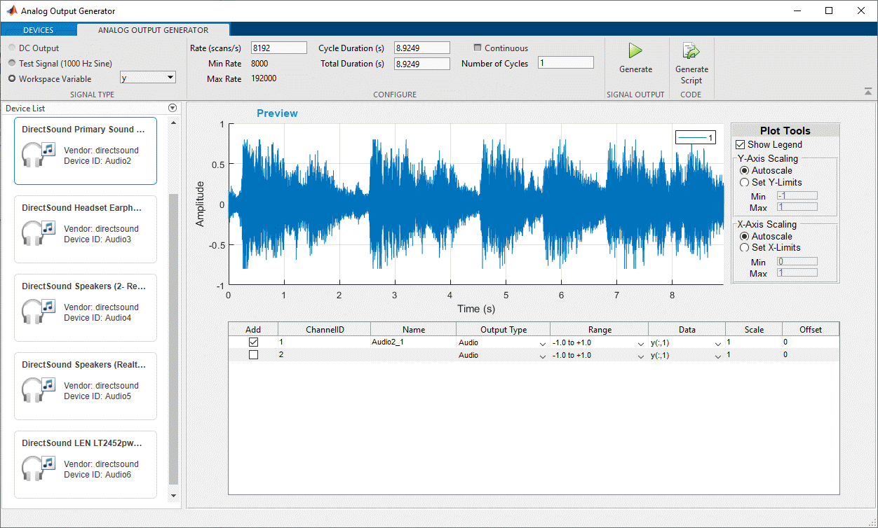 模拟输出发生器应用程序配置为输出音频