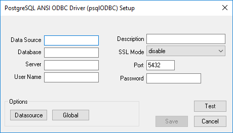 PostgreSQL ANSI ODBC驱动程序(psqlODBC)设置对话框