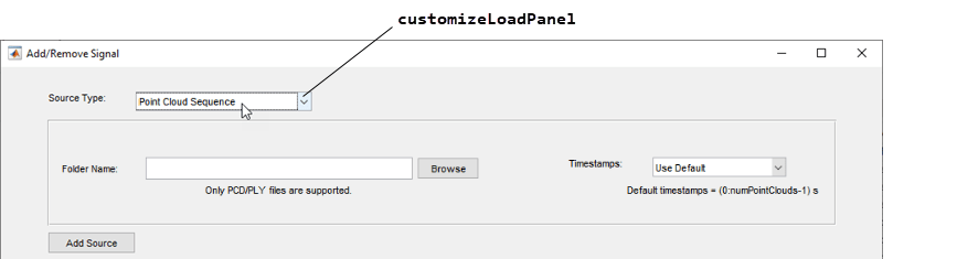 “添加/删除信号”对话框，其中customizeLoadPanel方法名称指向源类型参数中的“点云序列”选择