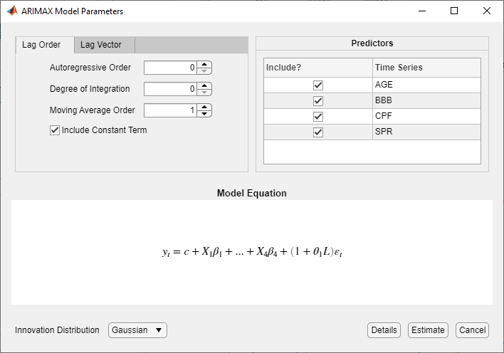 ARIMAX模型参数对话框显示参数设置的“细节”。“估计”和“取消”按钮在对话框的右下角。