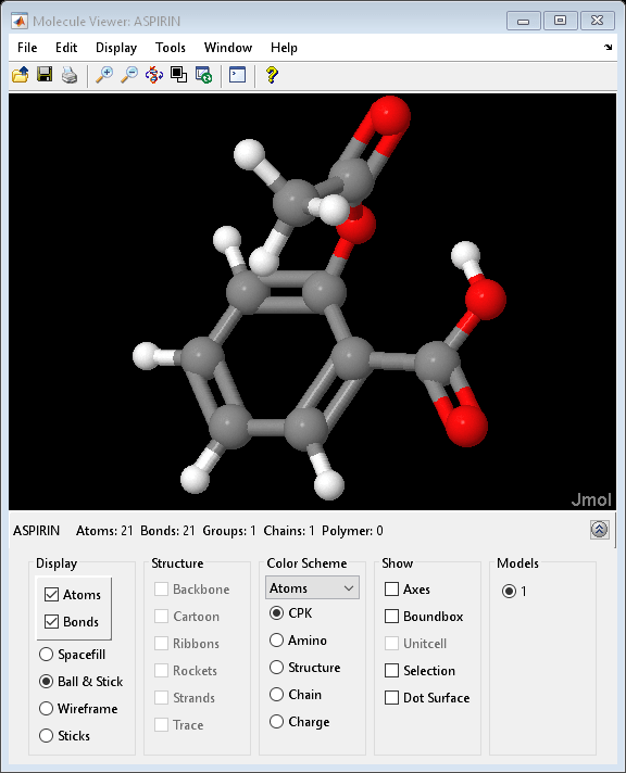 图分子查看器:阿司匹林包含类型为uimenu, uitoolbar, hgjavaccomponent的对象。