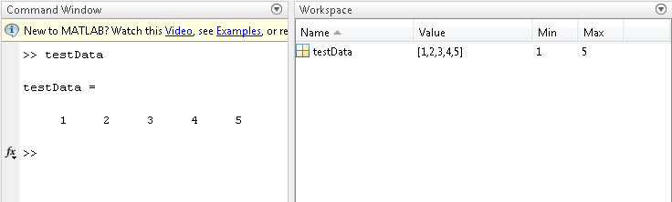 命令窗口和工作区显示命名范围testData，编号为1到5