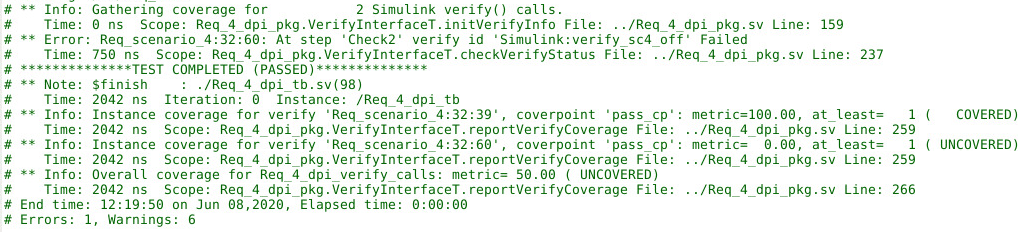 来自HDL模拟的日志文件。日志显示检查了两个验证调用。一个被模拟覆盖，另一个没有。