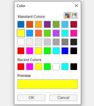 彩色选择器对话框，显示标准颜色，最近的颜色以及设置为黄色的默认颜色的预览