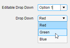 两个下拉组件。顶级下拉可编辑并折叠。底部下拉组件不可编辑。它被扩展并显示“红色”，“绿色”和“蓝色”项目。