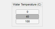 切换按钮组标记为“水温（C）”。它包含三个垂直堆叠的切换按钮。从上到下按钮标记为“0”，“40”和“100”。“40”按钮是较暗的灰色颜色。