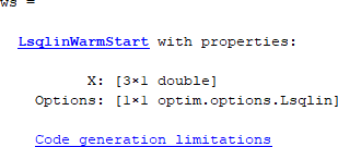 ws = lsqlinwarmstart与属性x和选项以及链接“代码生成限制”