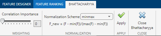 从左到右,Bhattacharyya选项卡包含的相关重要性,规范化方案,运用,并关闭。