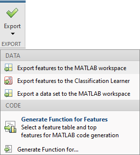 出口button in Diagnostic Feature Designer showing menu for feature and data export and for code generation