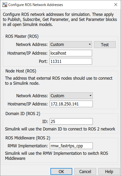 “配置ROS网络地址”对话框配置为本地主机ROS主和外部ROS节点应用于连接到Simulink节点的IP地址。万博1manbetx